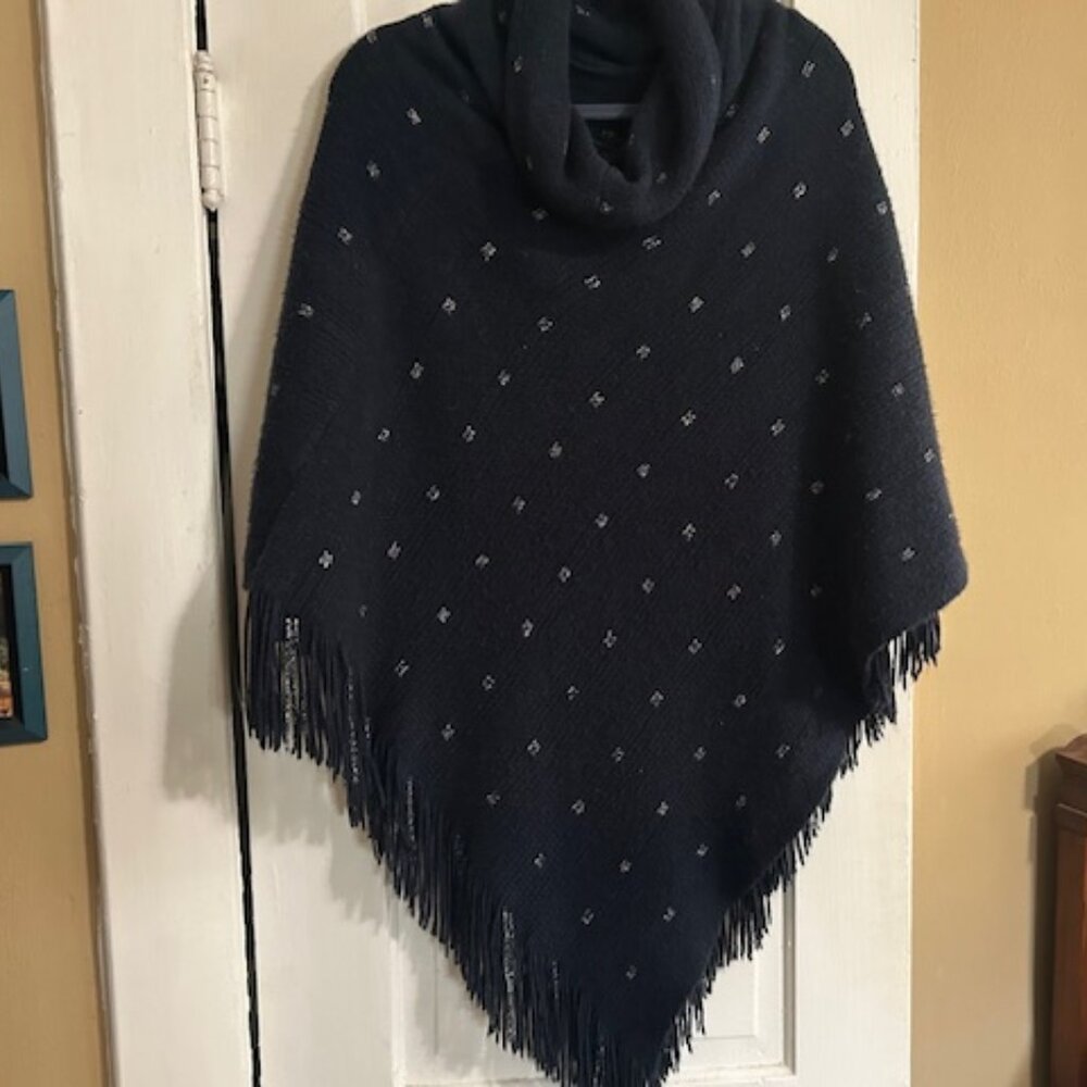 Simonetta Navy Blue Knit Poncho with Silver Flecks - Warm, Stylish, & Cozy, OSFA
